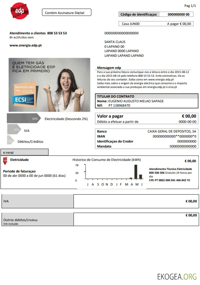 Portugal EDP electricity utility bill template in Word and PDF format